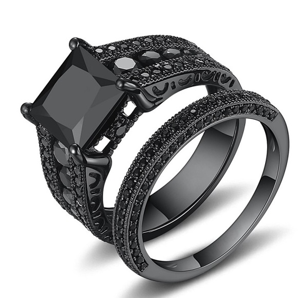 NEw Princess cut black sapphire Sterlingsilver set - Picture 2 of 6